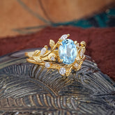 1.15 CT Delicate Leaf Accented 4 Prong Oval Shaped Aquamarine Ring Sets